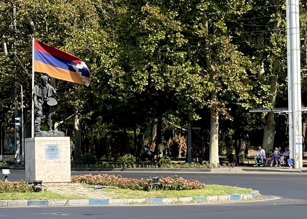 Statue of Jules Bastien-Lepage with Artsakh Flag, Yerevan, Armenia - October 8, 2022